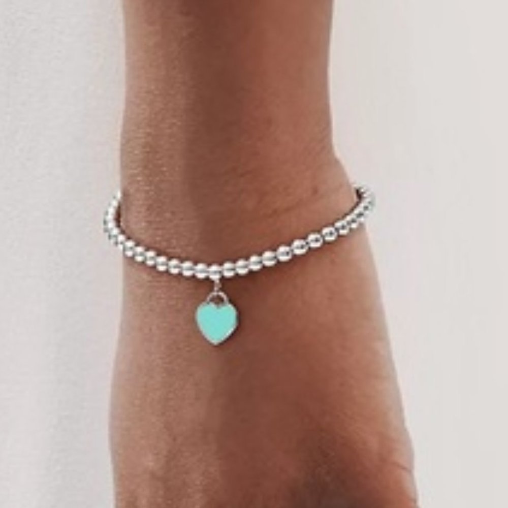 Tiffany Blue Silver Heart Tag Bead Bracelet